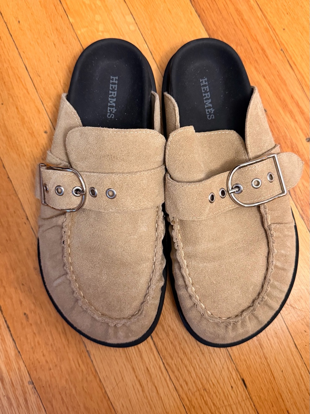 HERMES Suede Buckle Slip-On Loafers in Tan
